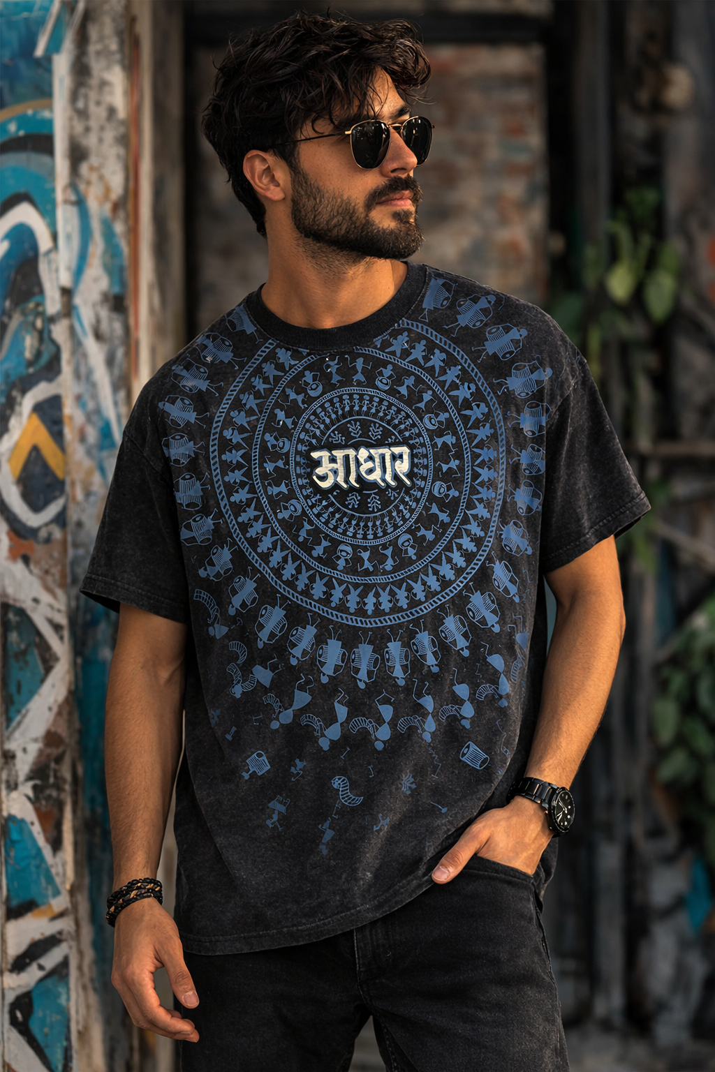 Warli Aadhar Acid Wash Oversized T-Shirt